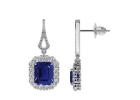 Blue Sapphire Earrings Dangling Emerald Cut Design with Round Diamonds (3.12cttw.)